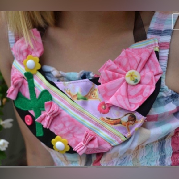 Tinkerbell fairies handmade floral flower pink fabric bib statement necklace - Picture 2 of 5